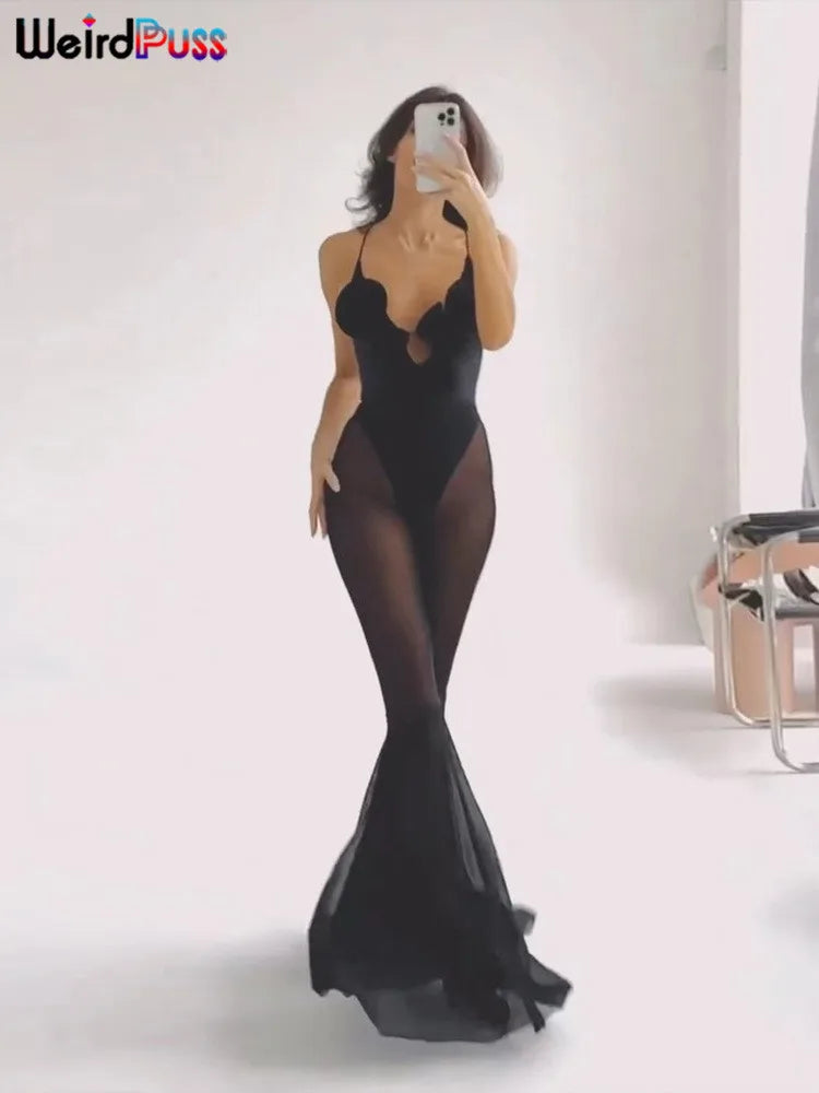 Deep V-Neck Sleeveless Backless Jumpsuit for Women Slim Fit Elastic Mesh Patchwork Skinny Stretch Flare Overalls