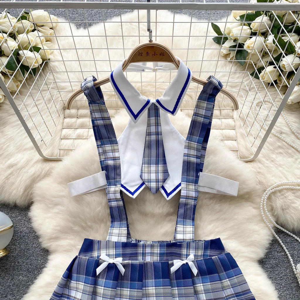 Cute Japanese JK Uniform Checkered Skirt Off Shoulder Dress