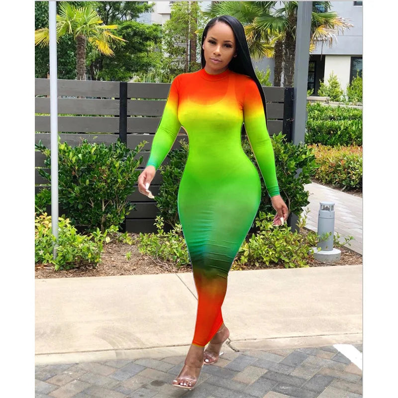 Rainbow Gradient Sheer O Neck Dress For Clubwear Nights