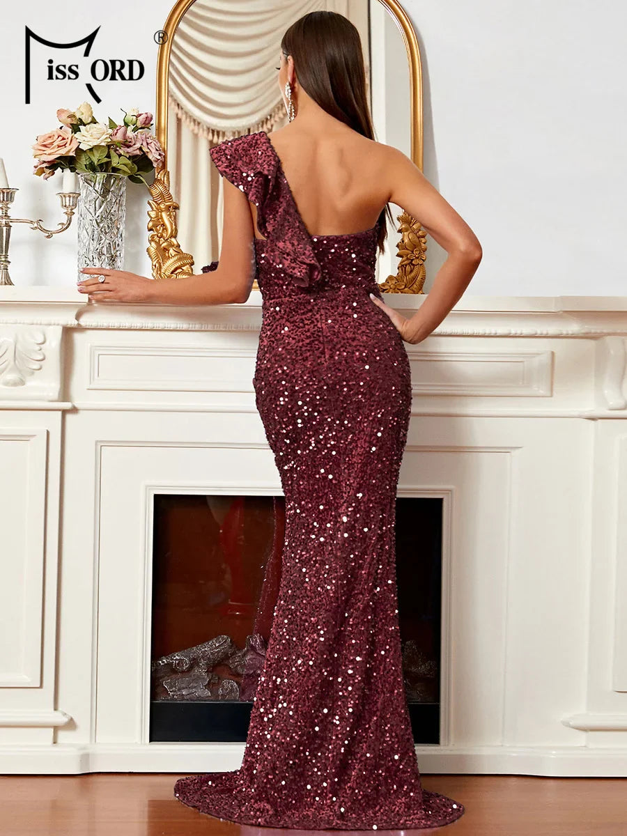 One Shoulder Sequin Party Dress With Ruffle Slit Mermaid