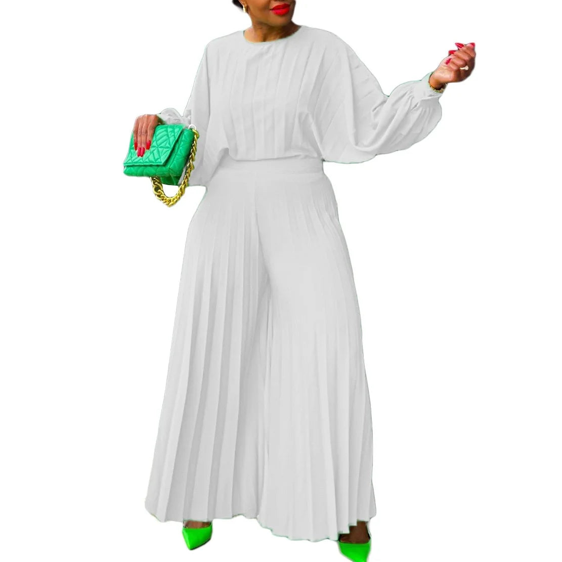 Elegant 2 Piece Women's Outfit with O Neck Blouse and High Waisted Wide Leg Pants Set