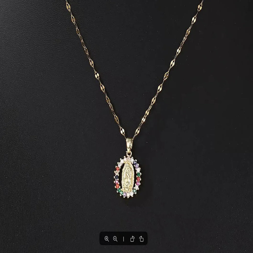 Hollow Virgin Mary Pendant Necklace with Colorful Zircon in Silver Alloy 45cm