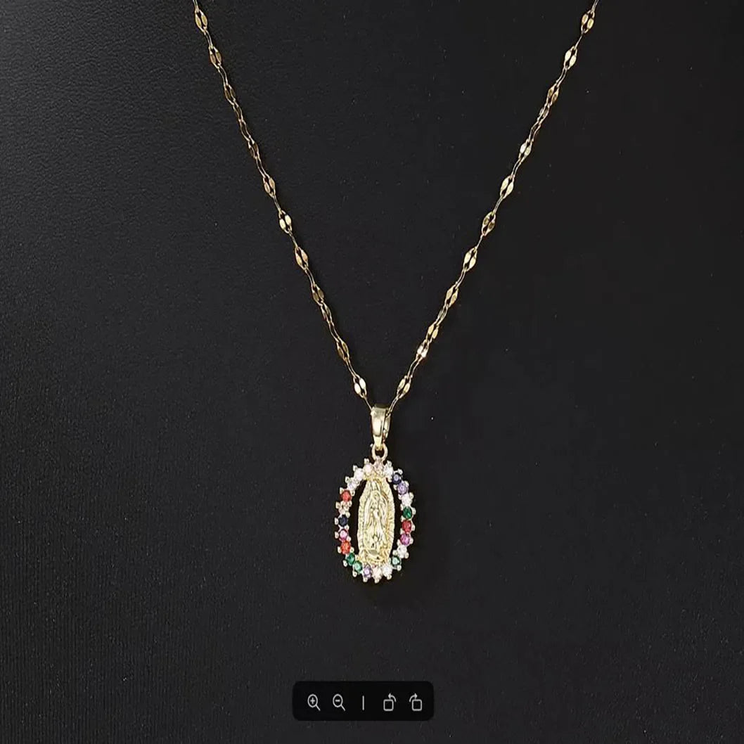 Hollow Virgin Mary Pendant Necklace with Colorful Zircon in Silver Alloy 45cm