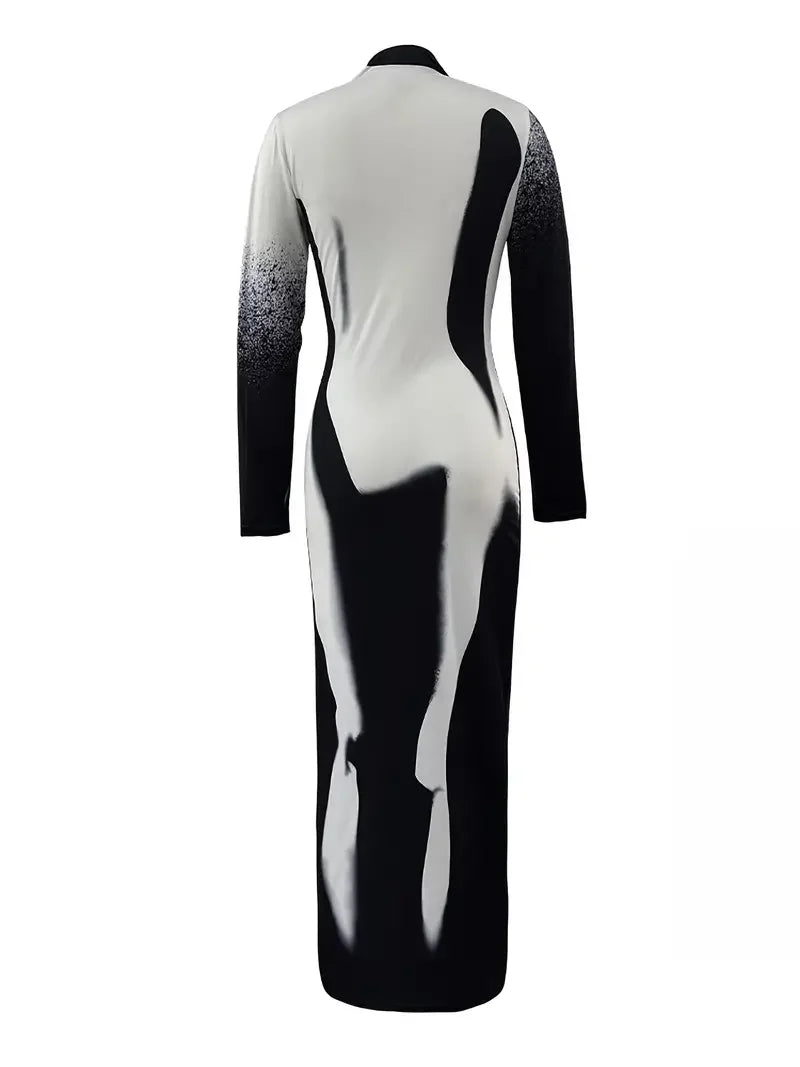 Color Block Maxi Dress With Mock Neck Long Sleeve Style