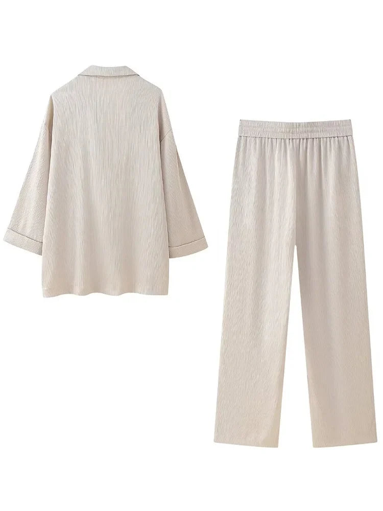 Chic Women's Two Piece Set with Solid Double Breasted Blazer and Vintage Elastic Waist Trousers for Effortless Style