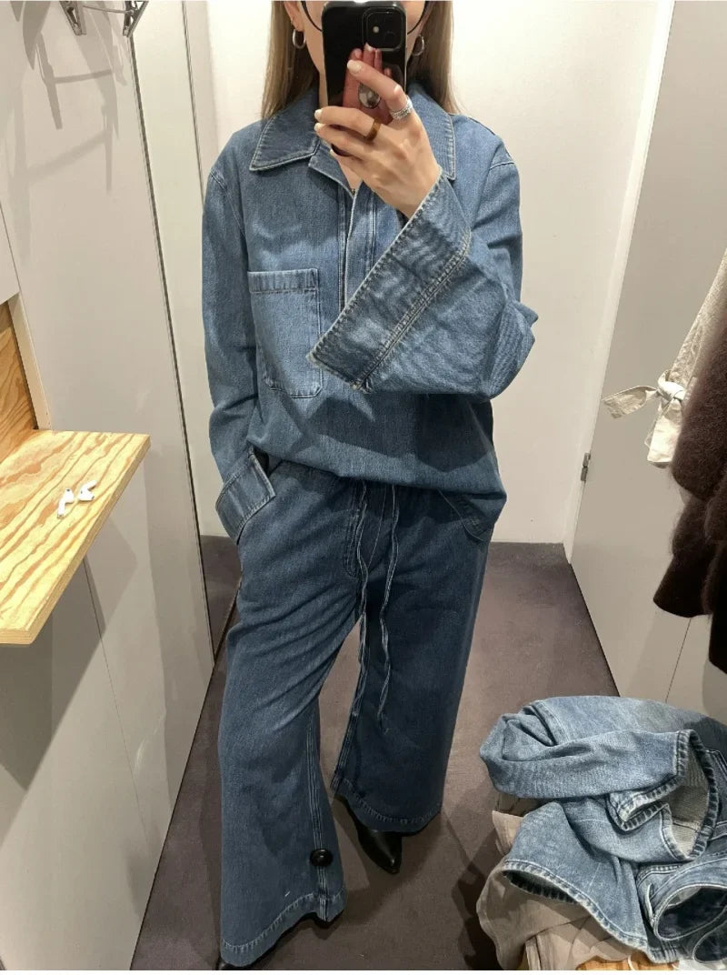 Casual Open Collar Pocket Denim Top and Loose Wide Leg Drawstring Waist Denim Pants Two Piece Set for Women