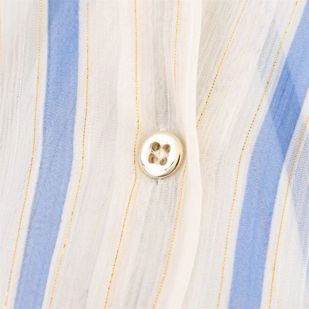 Women's Fashionable Casual Striped Lapel Shirt Long Sleeve Versatile Metal Tone Accent Autumn Blouse