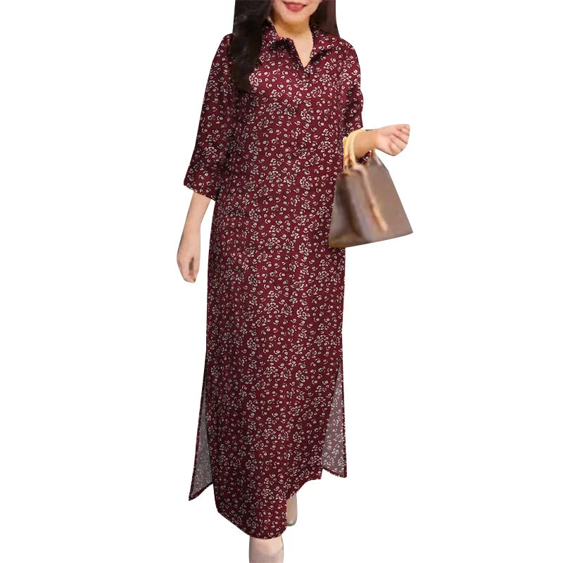 Autumn Floral Cotton Long Shirt Dress For Women With Lapel