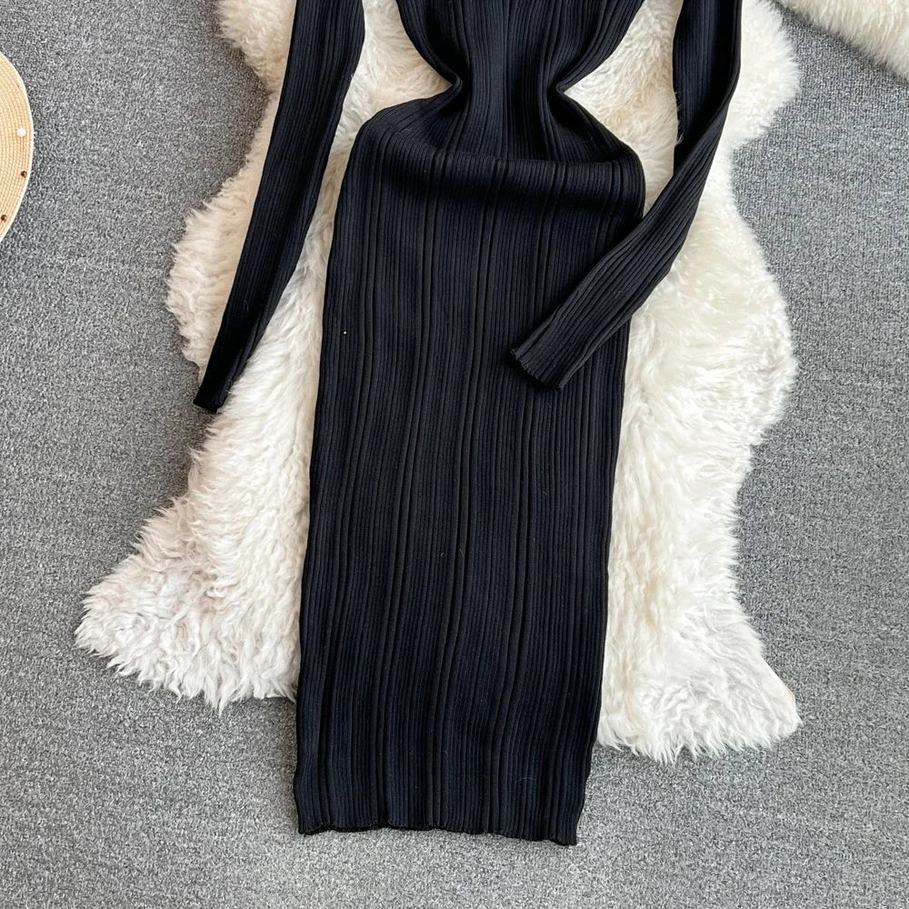 Long Sleeve Knitted Bodycon Dress For Women Autumn Retro