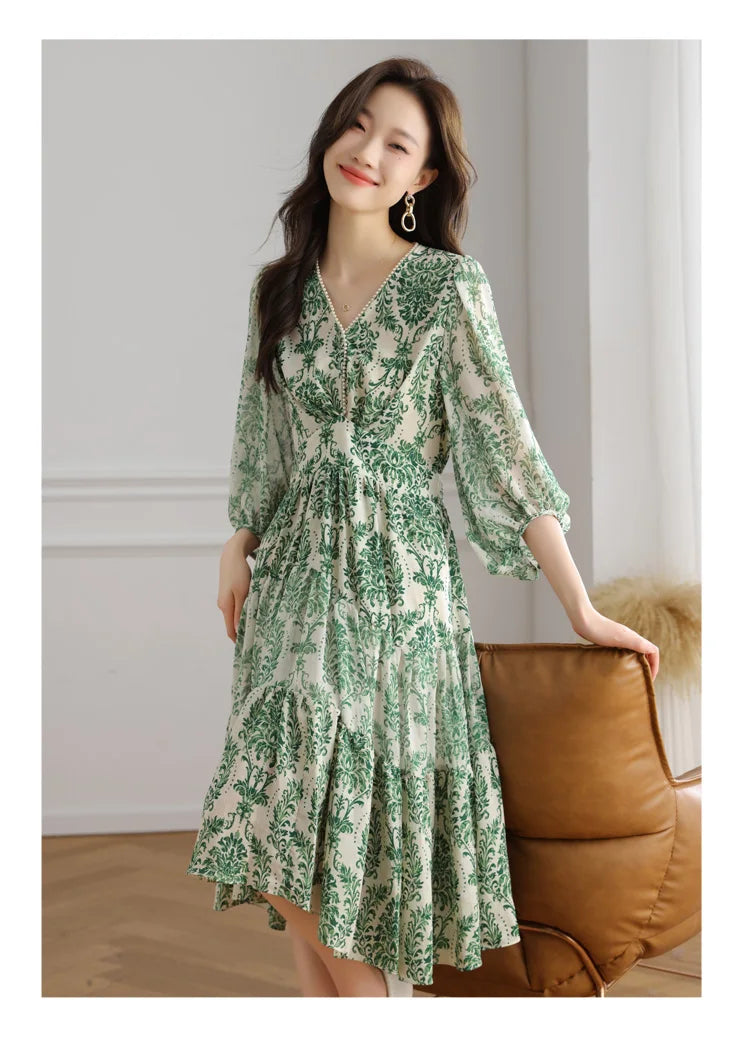 Floral Chiffon Dress For Women V Neck A Line Dress