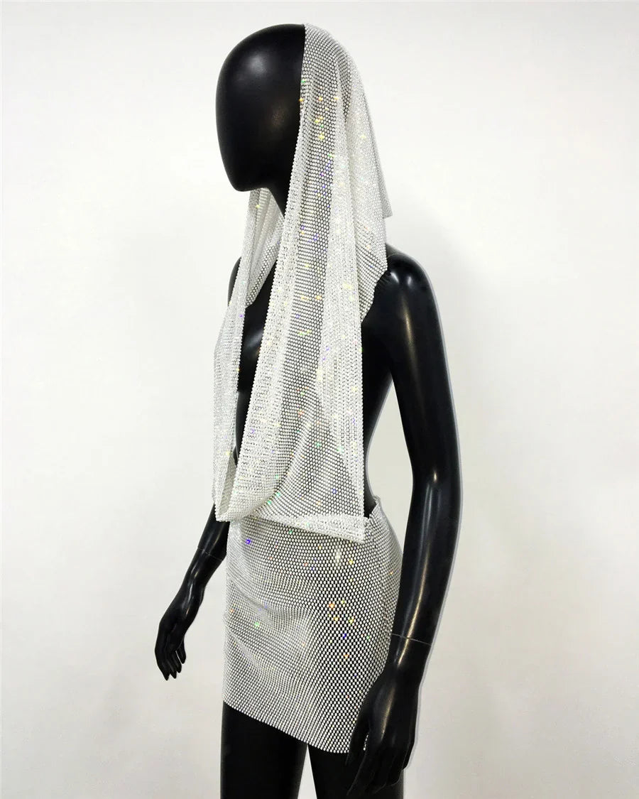 See Through Mesh Dress Rhinestone Bandana Headwrap
