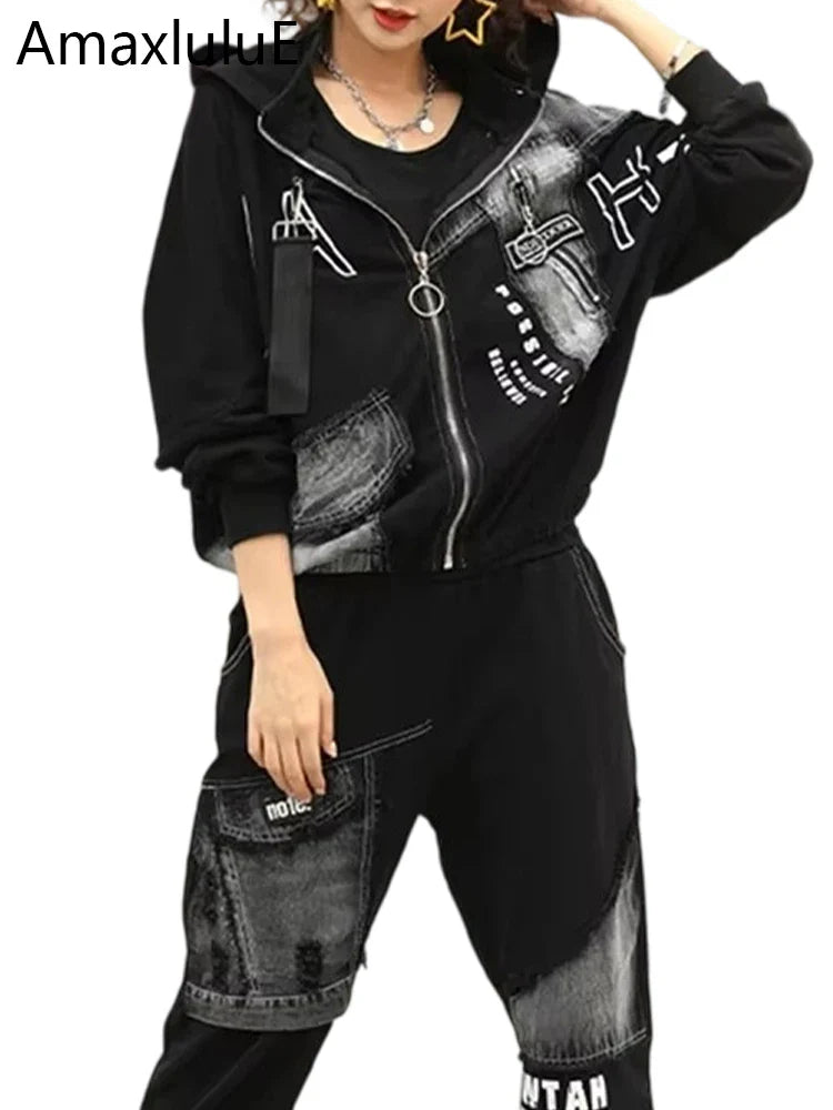 Spring Punk Fashion Women's Two Piece Set with Loose Hooded Jacket and Classic Fitness Pants