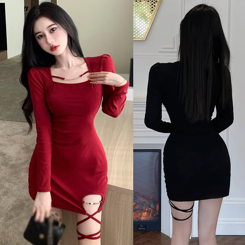 Red Off Shoulder Square Collar Party Dress With Long Sleeve