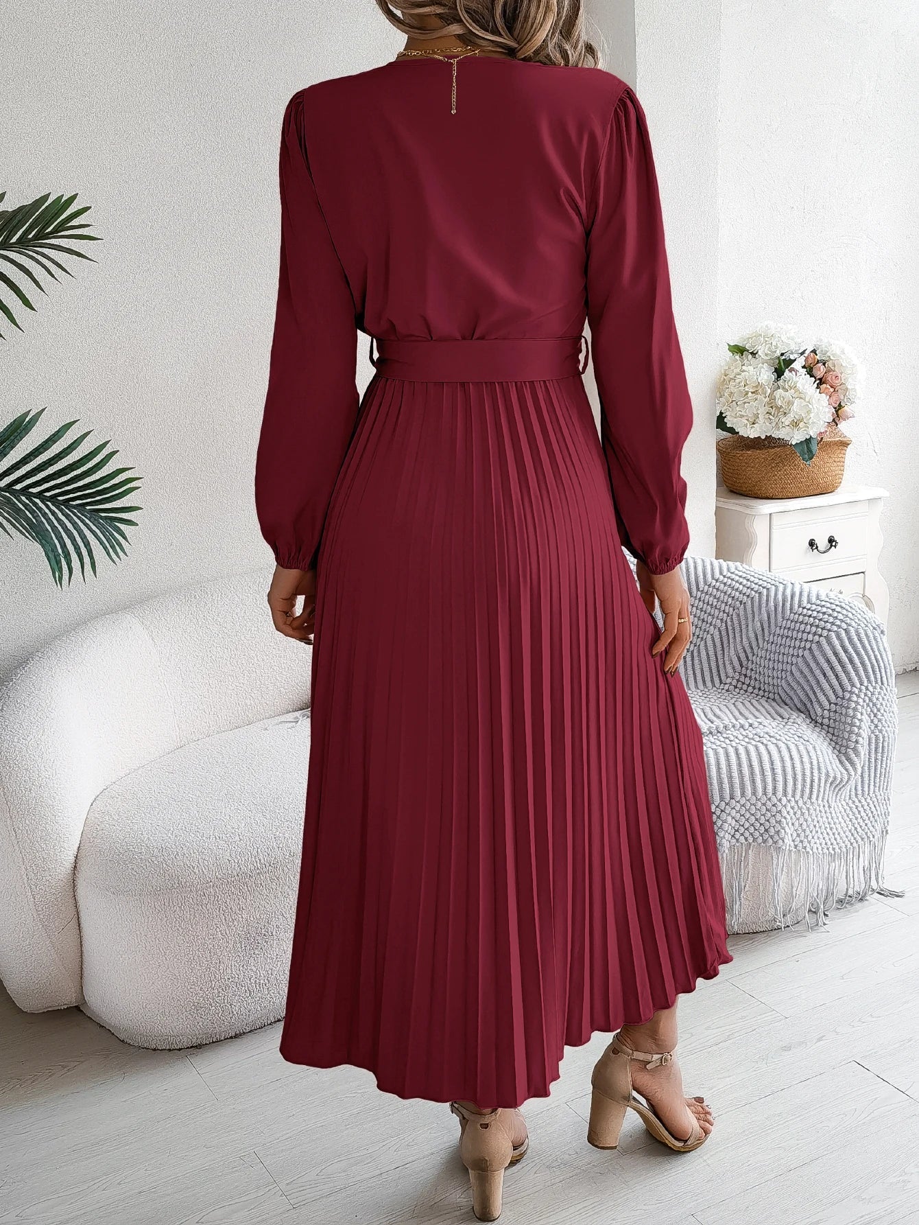 Elegant Autumn V Neck Belted Pleated Long Sleeve Dress