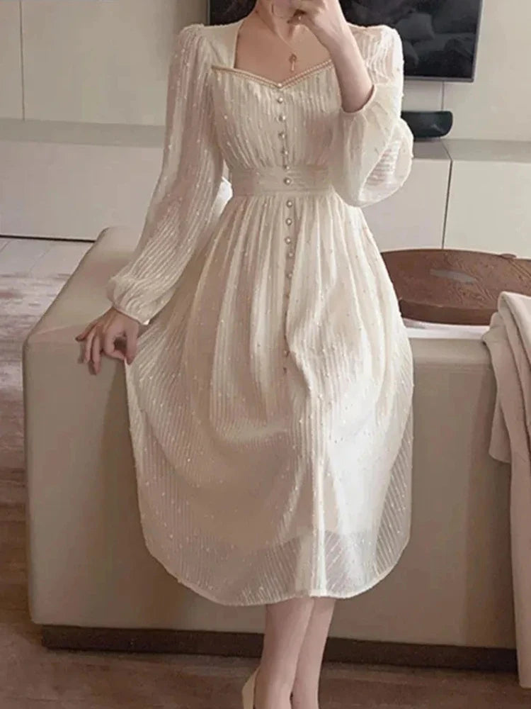 Elegant White Midi Dress For Women Vintage Princess Style
