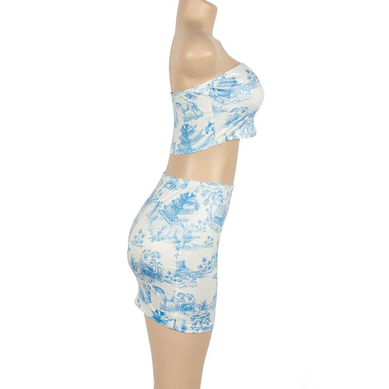 Women's Summer Two-Piece Set Sleeveless Strapless Retro Print Top and High Waist Slim Mini Skirt Streetwear Outfit
