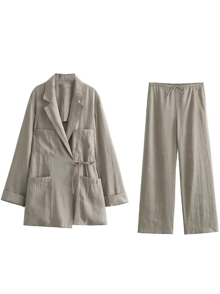 Grey Lace Up Two Piece Set for Women with Pockets and Vintage Drawstring Trousers