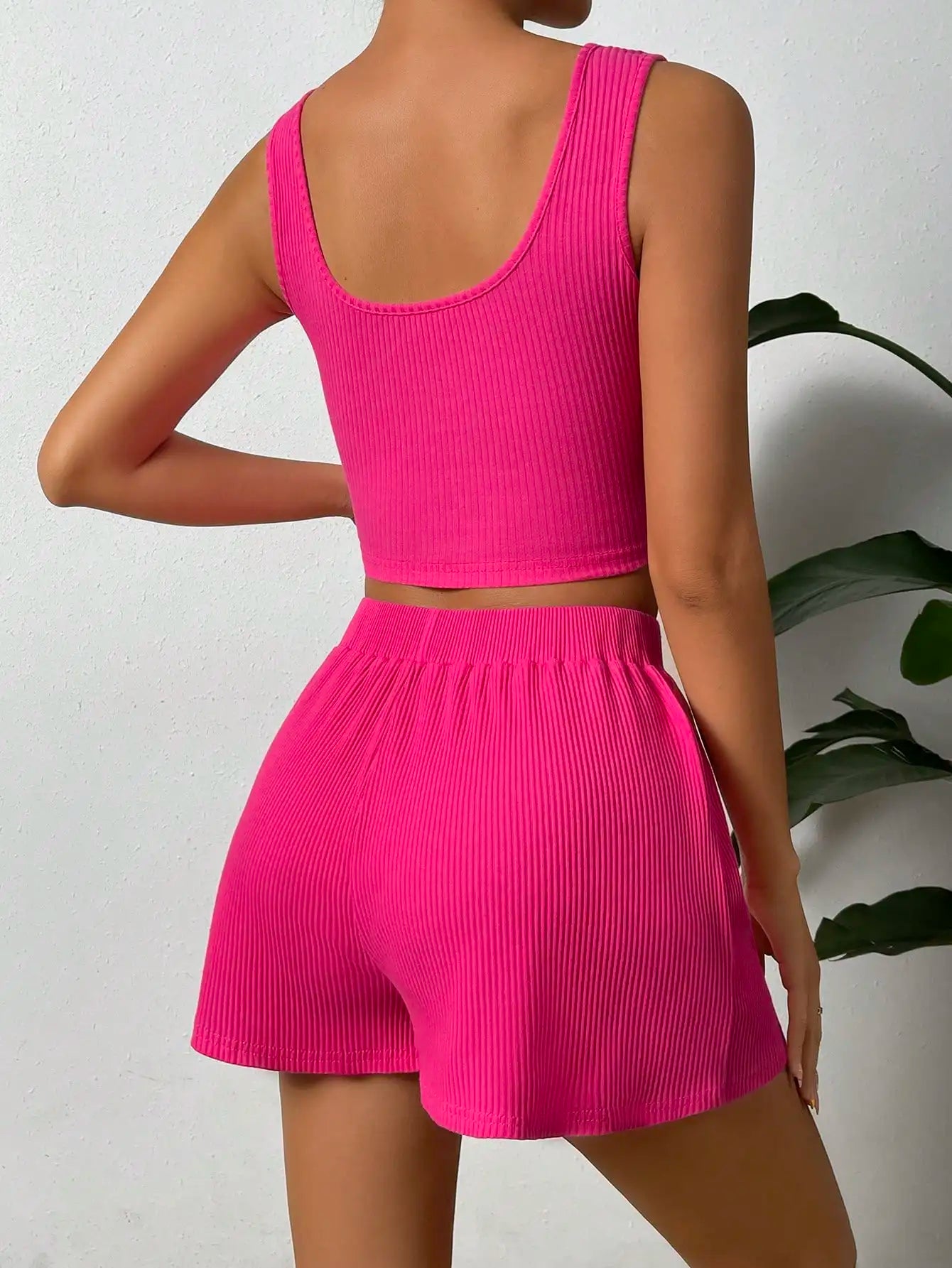 Elegant Fashion Women Two Piece Set Square Collar Halter Belt Knit Ribbed No Loop Casual Shorts Matching Outfit