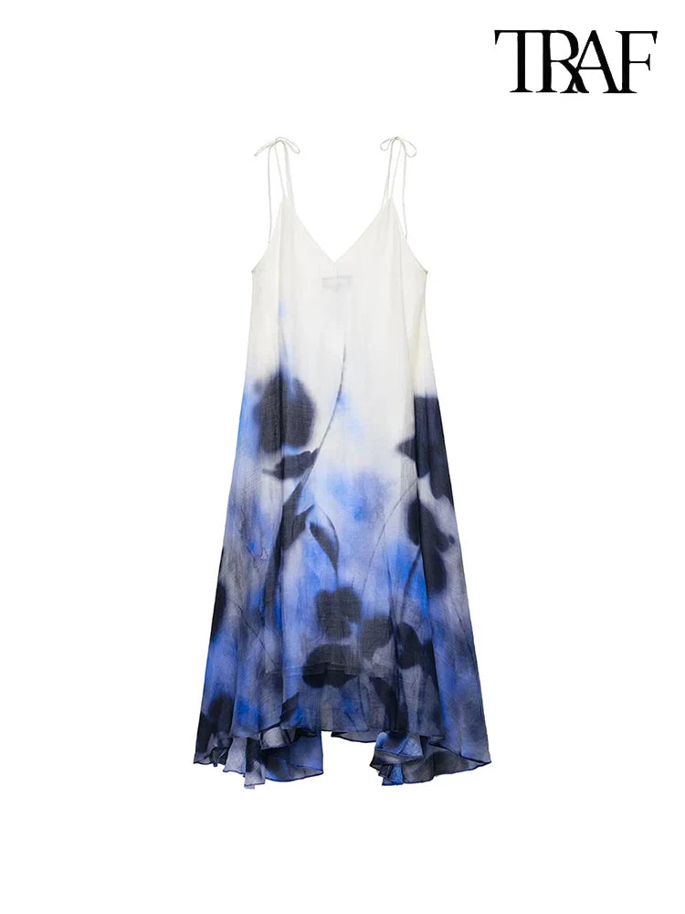 Elegant Tie Dye Print Halter Dress for Beach Vacation