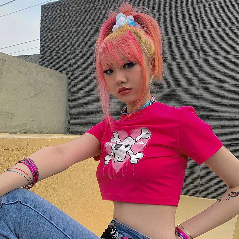 Y2K Summer Gothic Slim Fit Women Crop Top Punk Grunge Streetwear Tee