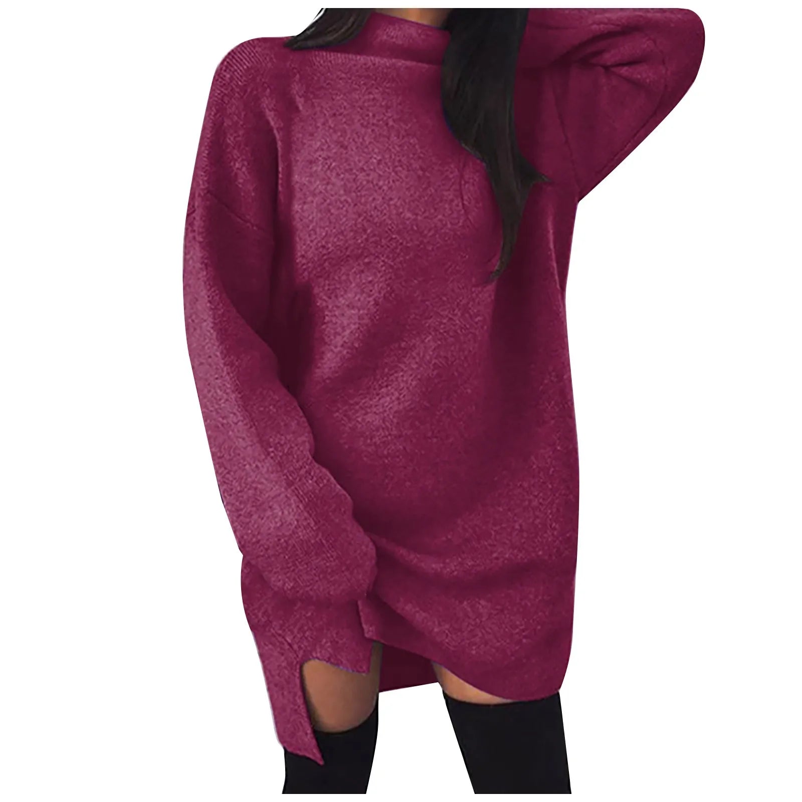 Oversized Knit Dress Turtleneck Long Sleeve Solid Color