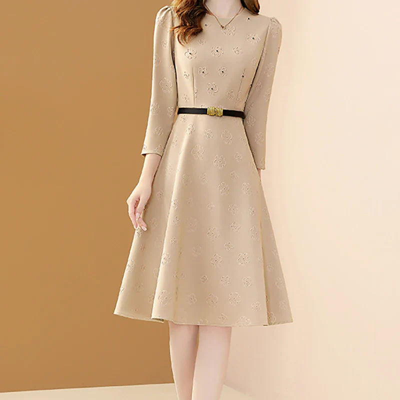 Floral Embroidered Belt Dress for Women O Neck A Line
