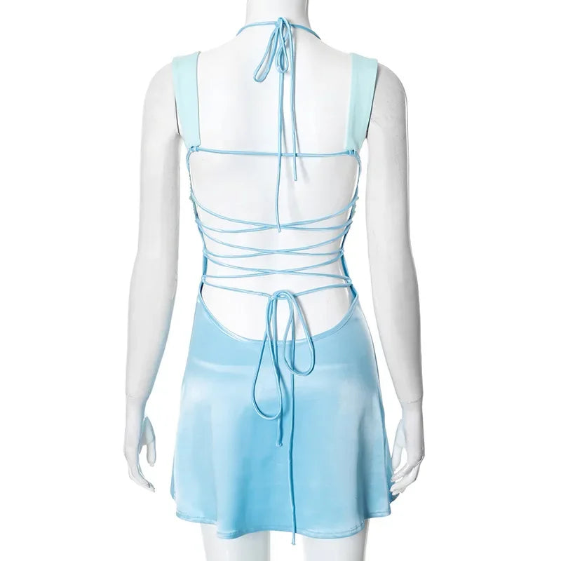 Y2K Style Backless Halter Summer Dress Lace Up Mini Dress