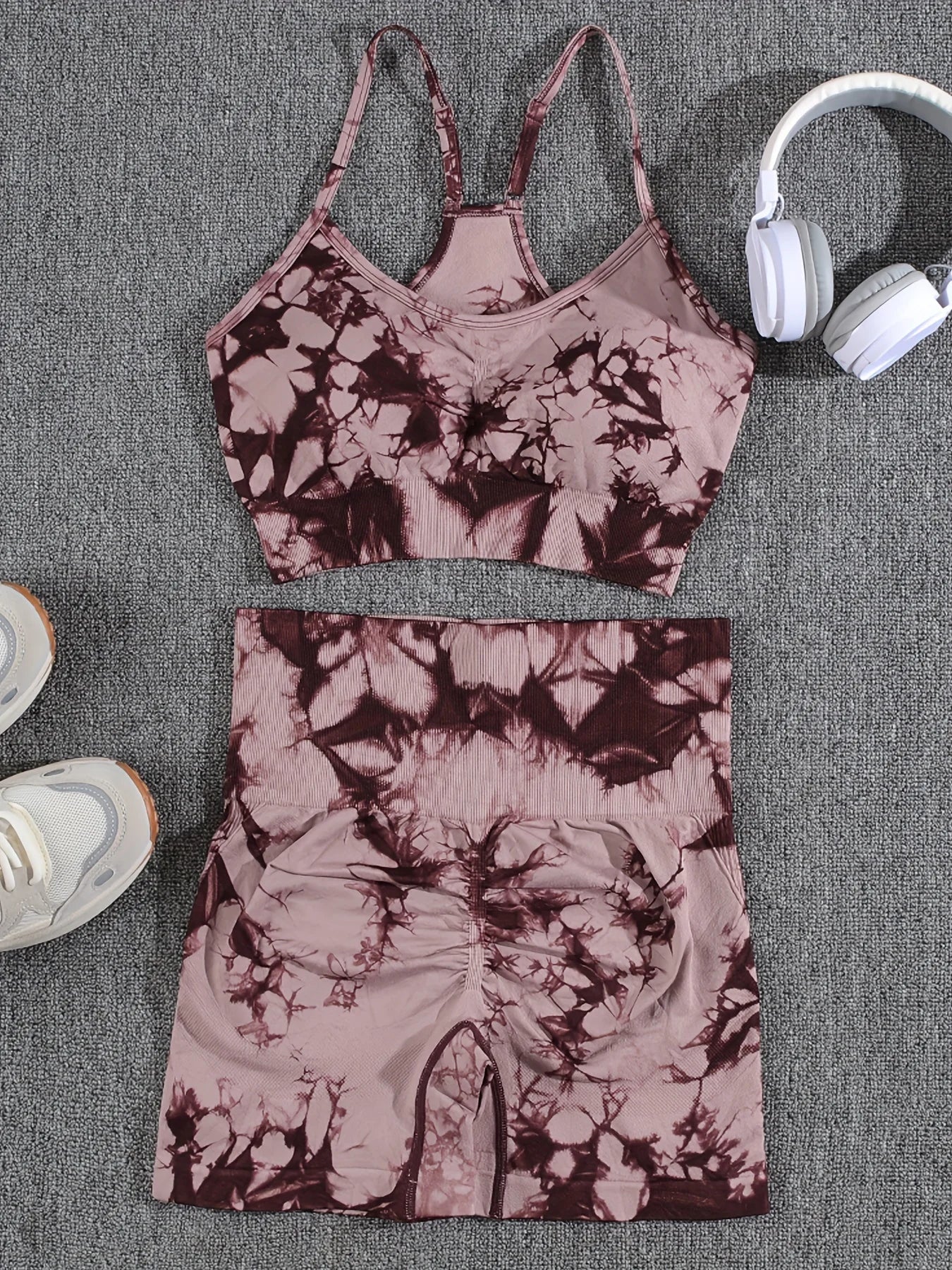 2-Piece Women Tie-Dye Sports Shorts and Crop Top Set Breathable Athletic Workout Gym Outfit Perfect for Yoga Fitness and Biking