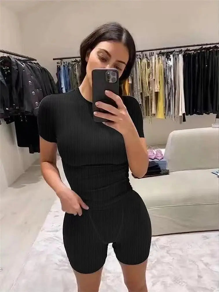 Casual Workout Two Piece Set for Women Fitted Crew Neck T-Shirt with High Waist Pants Matching Streetwear Outfit