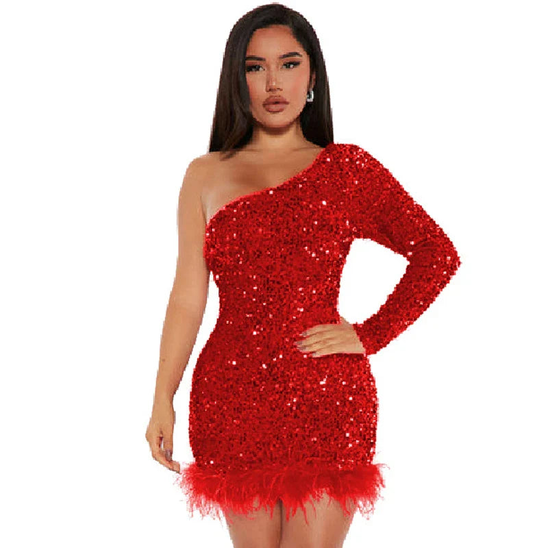 Elegant Off Shoulder Sequin Party Dress Long Sleeve