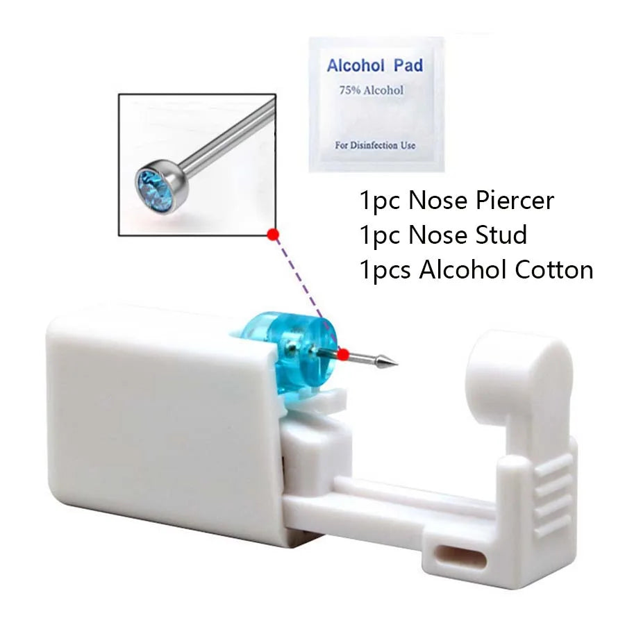 Disposable Nose Piercing Gun Kit with Built-In Crystal Nose Stud for Easy Piercing