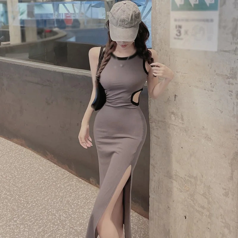 Sexy Sleeveless Bodycon Dress With Side Split O Neck