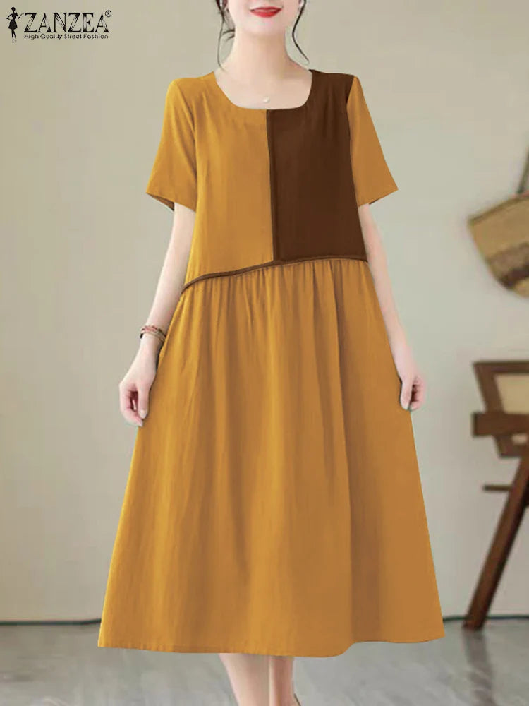 Women Patchwork Pleated Midi Dress Casual Aline Retro