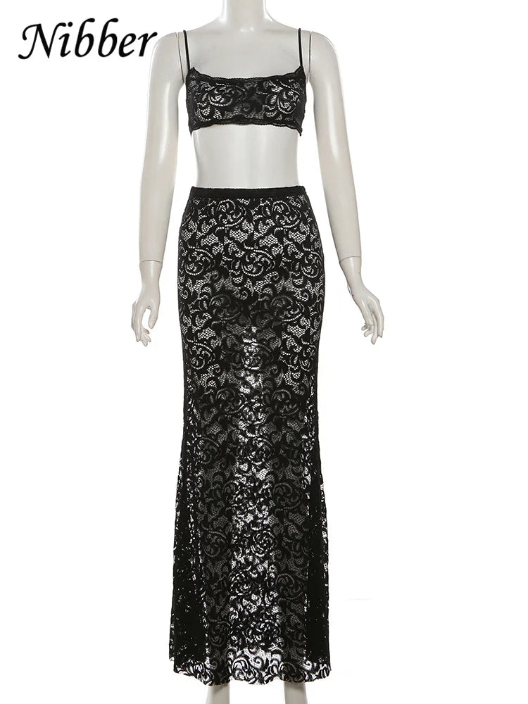 Sexy Mesh Two Piece Set for Women Hipster Mini Camisole and Stretch Skirt Nightclub Party Outfit