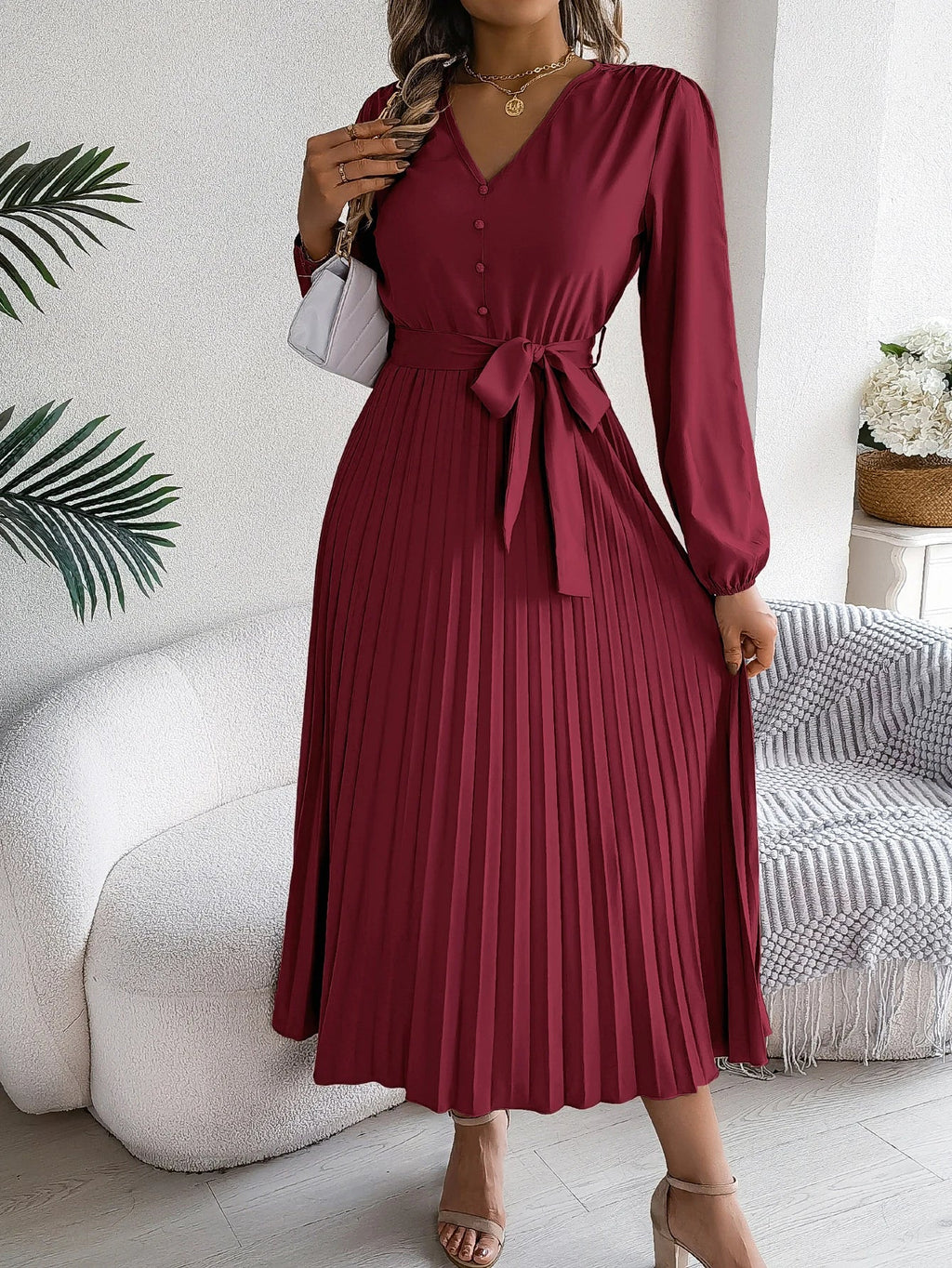 Elegant Autumn V Neck Belted Pleated Long Sleeve Dress