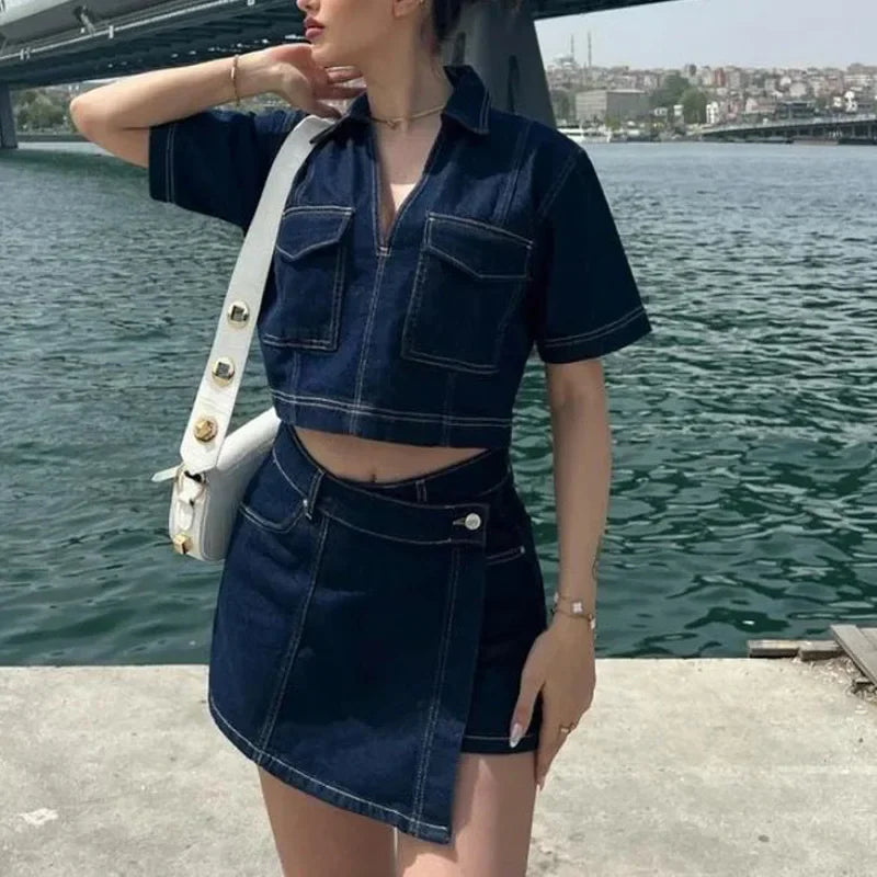 Asymmetric High Waist Denim Mini Skirt and Cropped Short Sleeve Top Two Piece Set for Women Streetwear