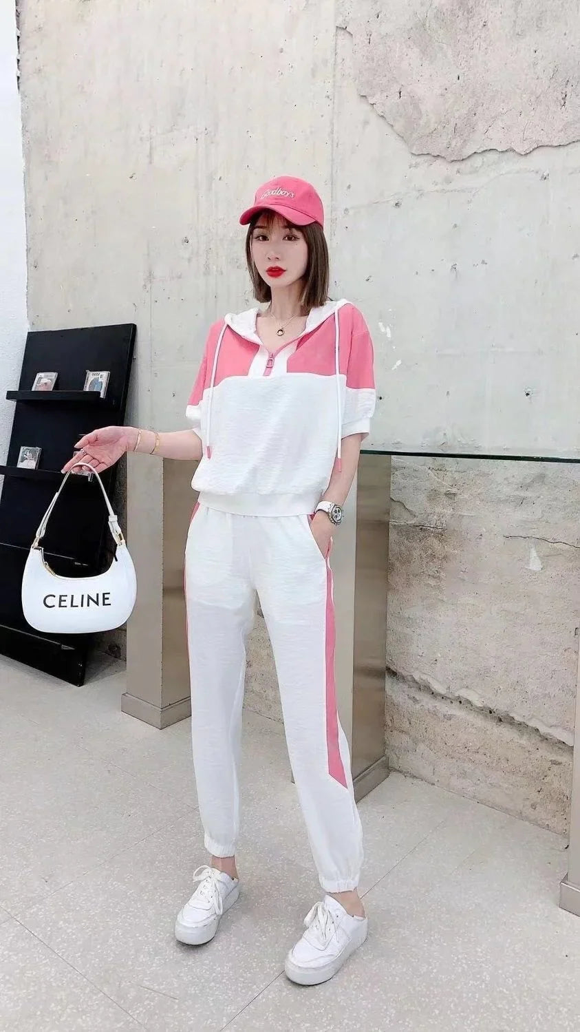 Women's Casual Loose Fit Tracksuit Set with Short Sleeve Hooded Top and High Waist Pants