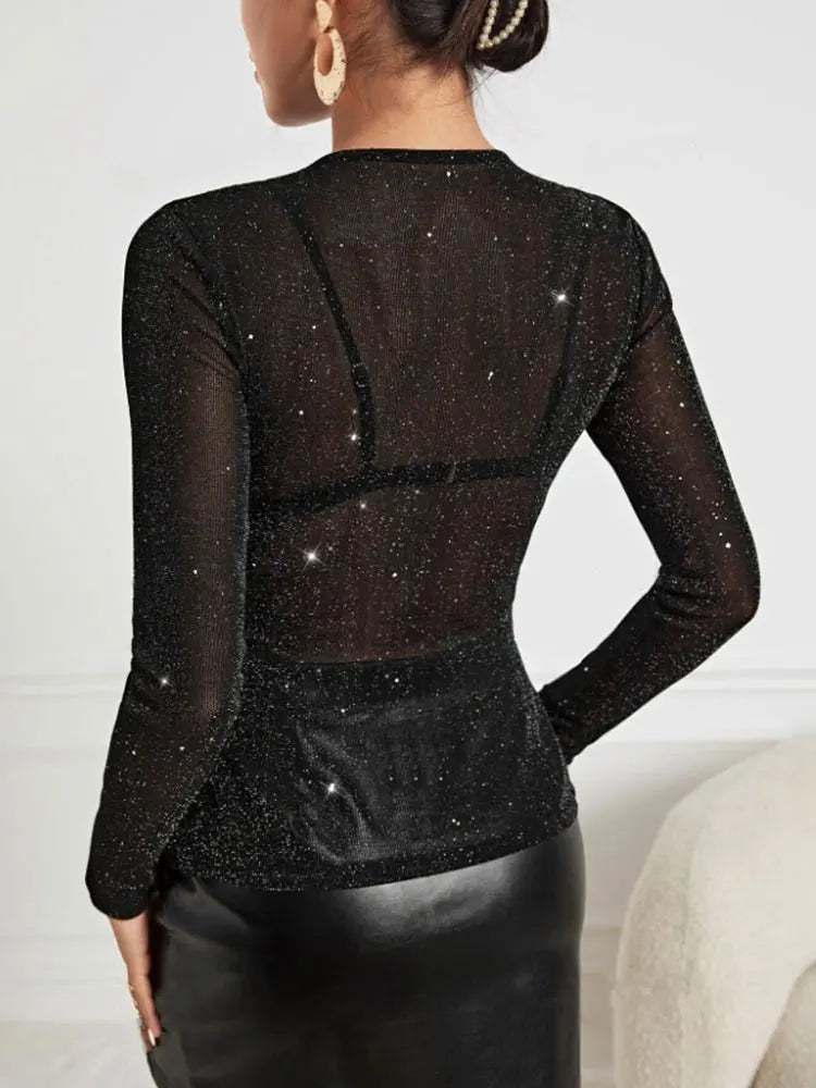 Sheer Mesh Long Sleeve Turtleneck T Shirt for Women