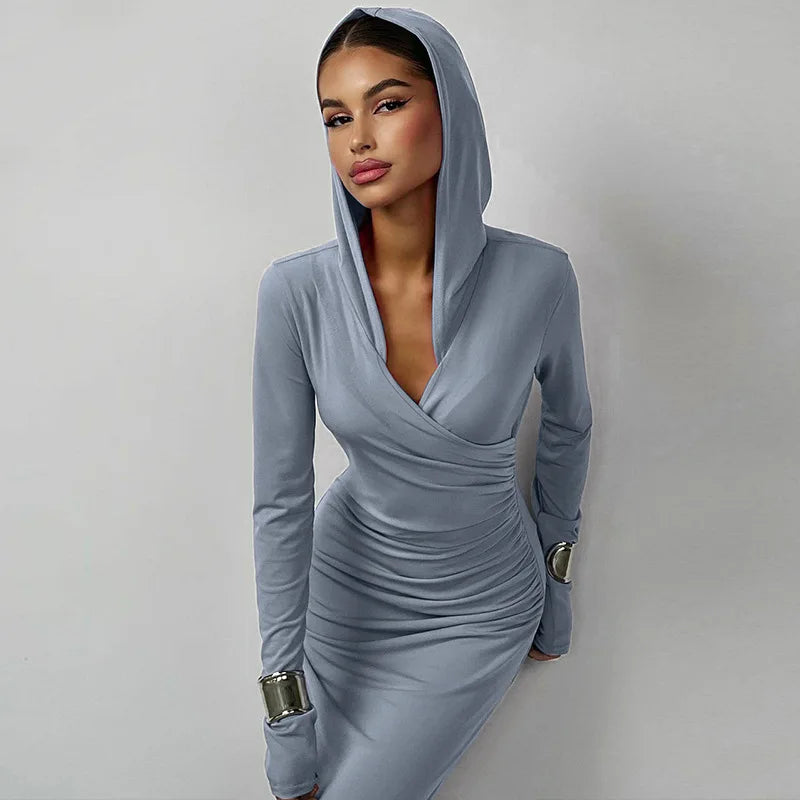 V Neck Solid Maxi Dress With Draped Silhouette Long Sleeve