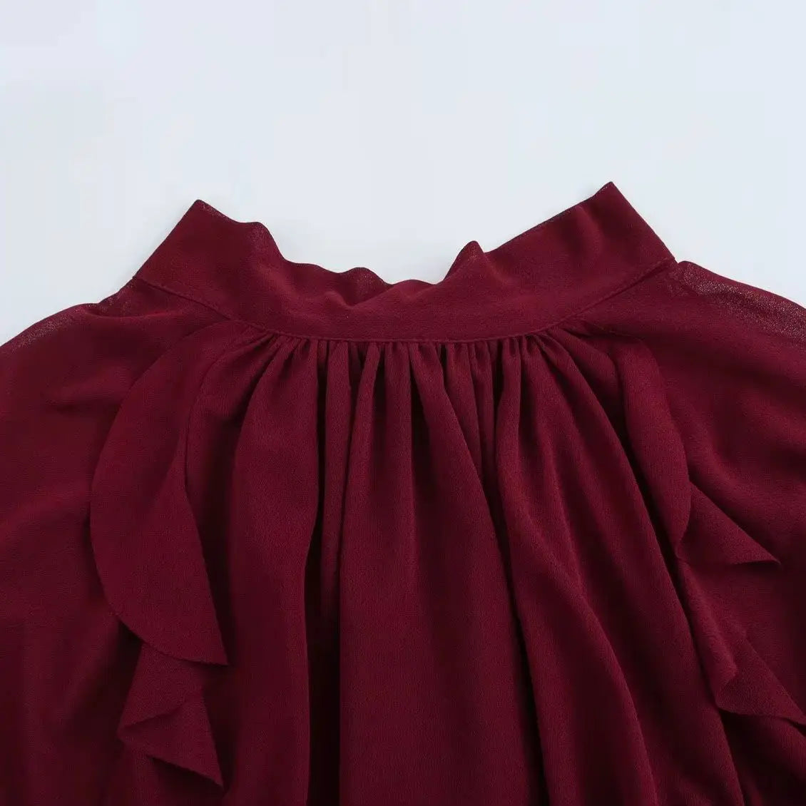 Elegant Women Blouse with Stand Up Collar Ruffle Edge Decoration and Folded Sleeve Detail Chic Shirt Top