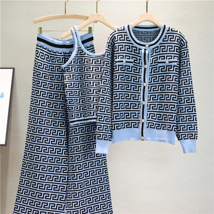 Elegant Casual Three-Piece Women's Houndstooth Printed Vest and Trousers Set