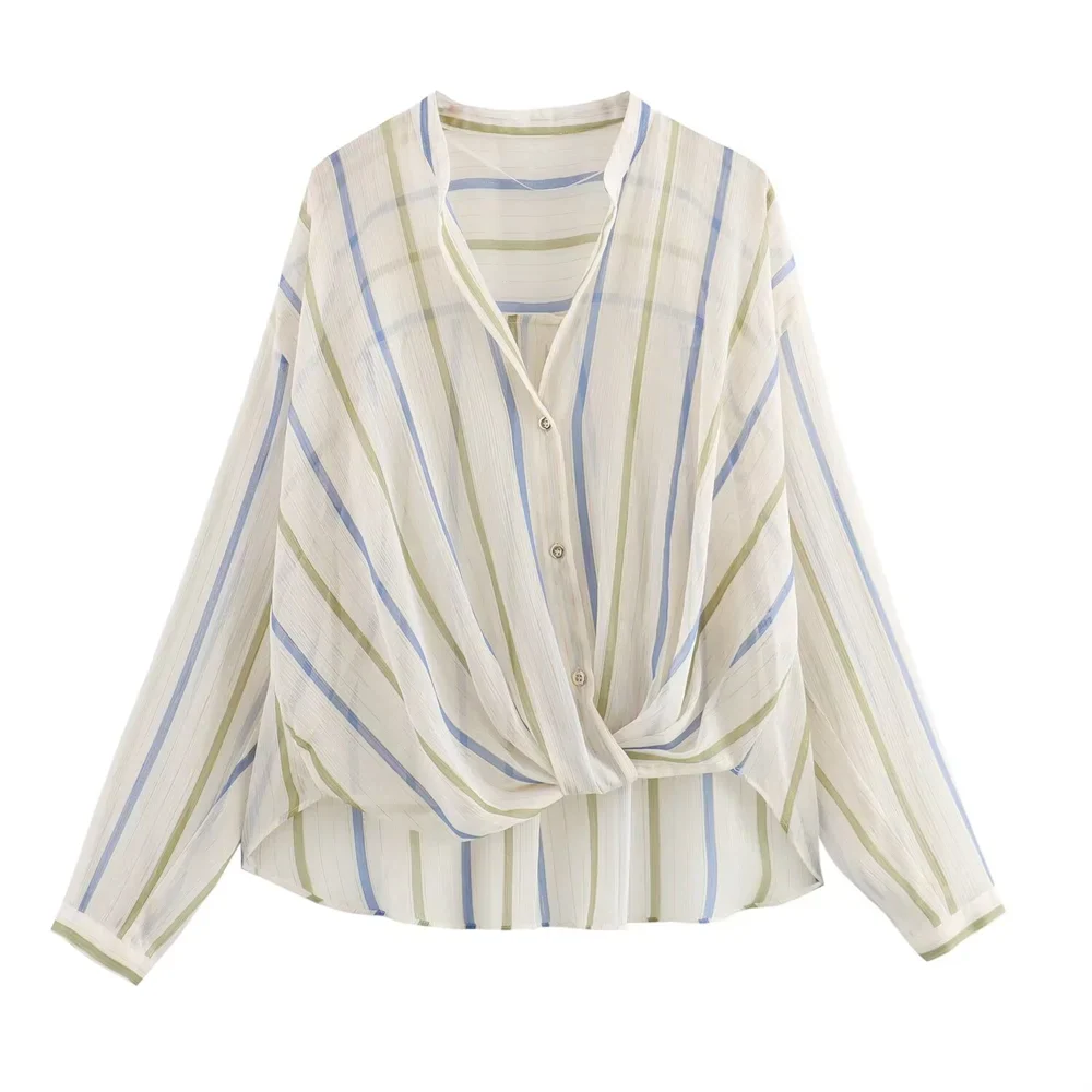 Women's Fashionable Casual Striped Lapel Shirt Long Sleeve Versatile Metal Tone Accent Autumn Blouse