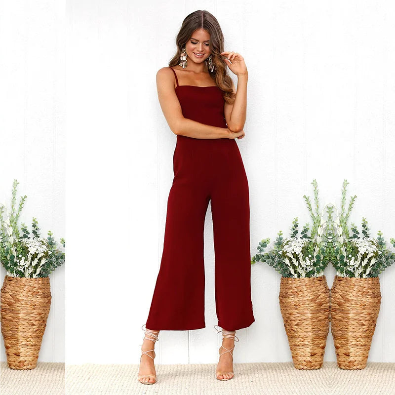 Women Sleeveless Bib Dungarees Jumpsuit Casual Loose Fit Solid Color Wide Leg Overalls with Spaghetti Straps for Autumn
