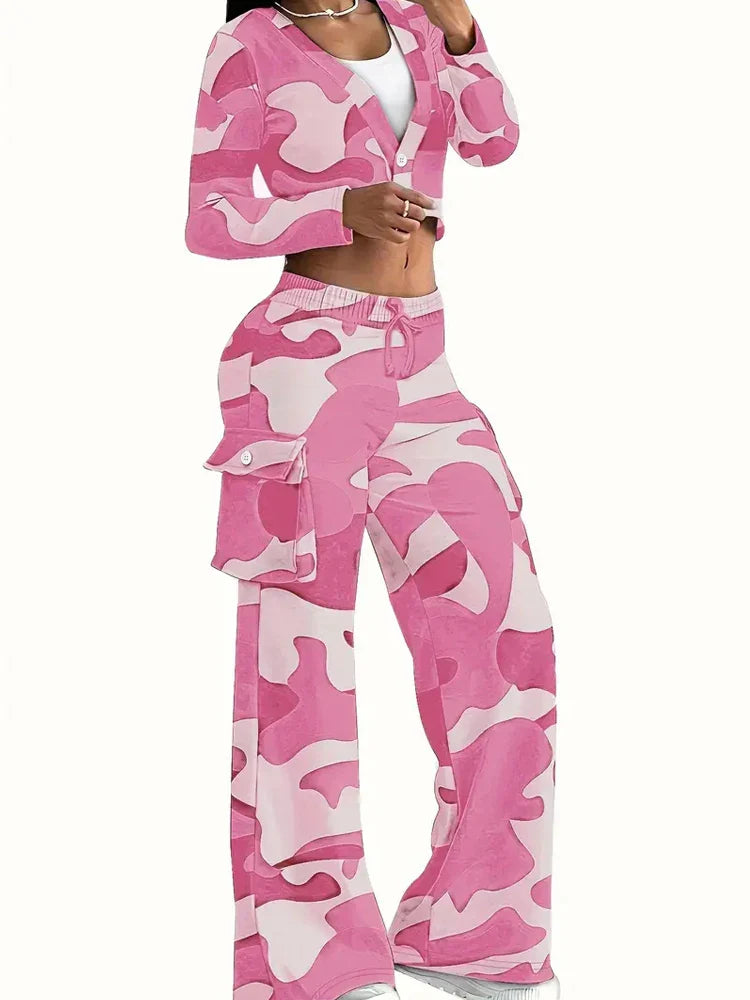 Camo Print Cargo Pants Set with Sexy Crop Top and High Waist Wide Leg Trousers for Women