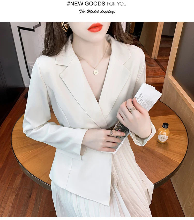 Faux Two Piece Dress With Blazer Collar Pleated Skirt