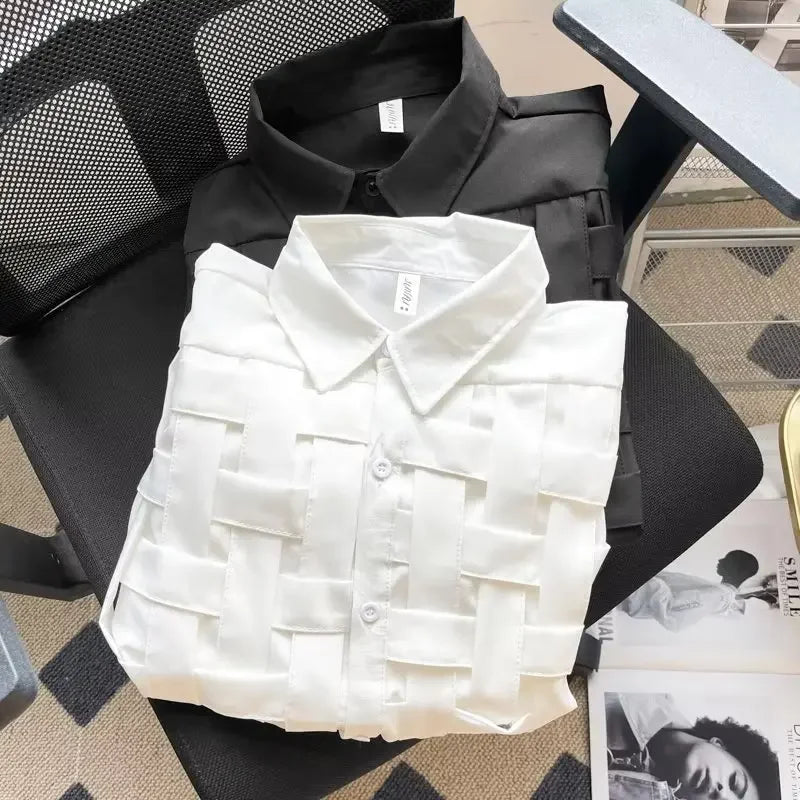 Women Short Sleeve Lapel Shirt Hollow Out Patchwork Blouse Loose Waist Casual Chic Poly Blusa