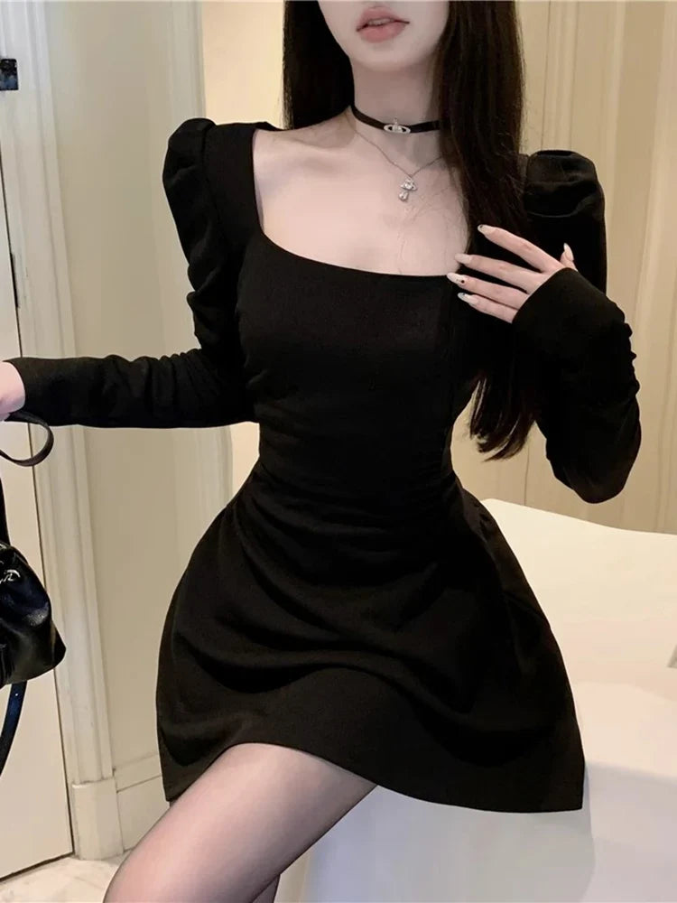 Elegant Women Evening Dress Long Sleeve Retro Banquet Black