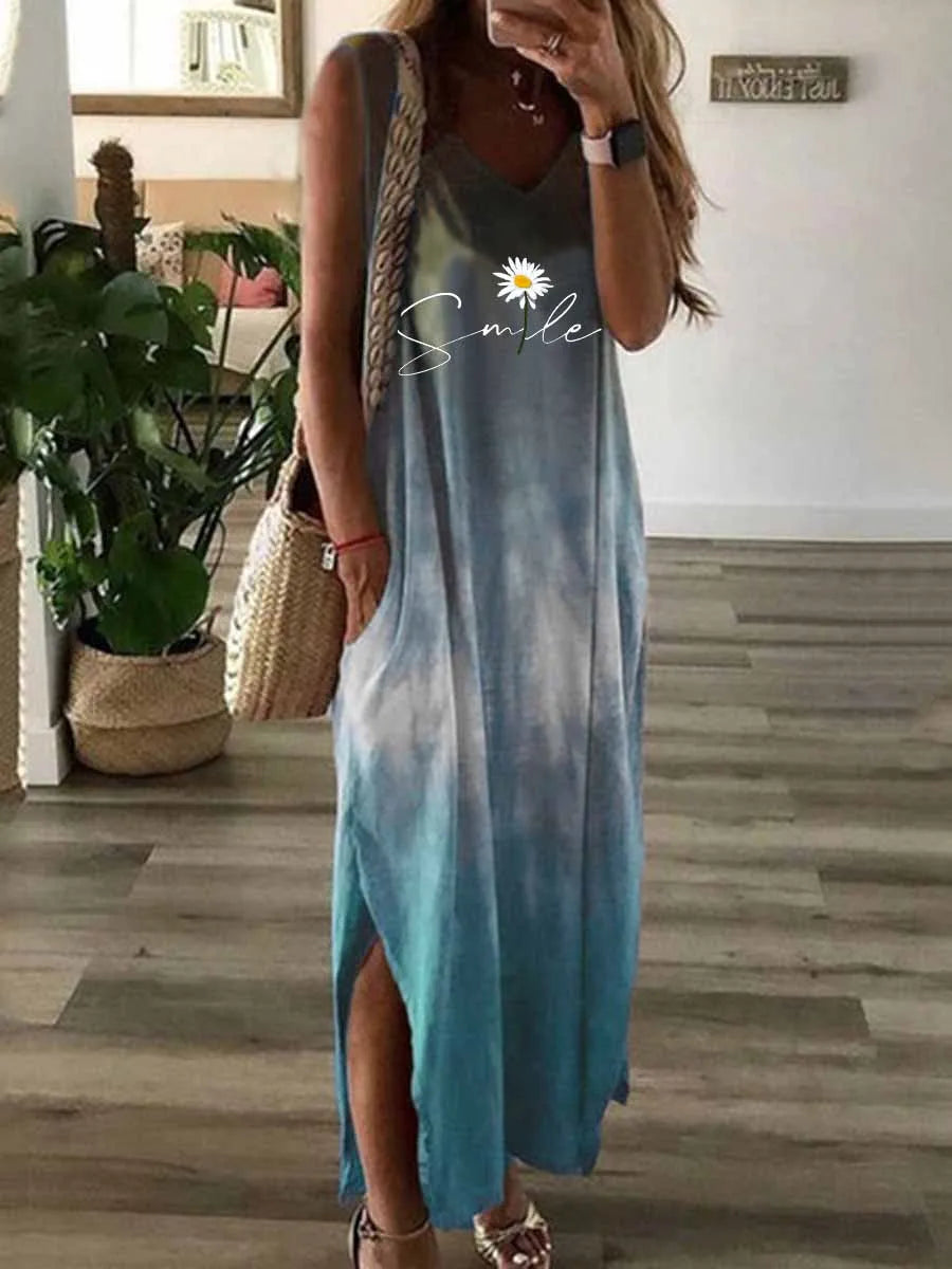 V Neck Short Sleeve Swing Dress For Women With Halo Print