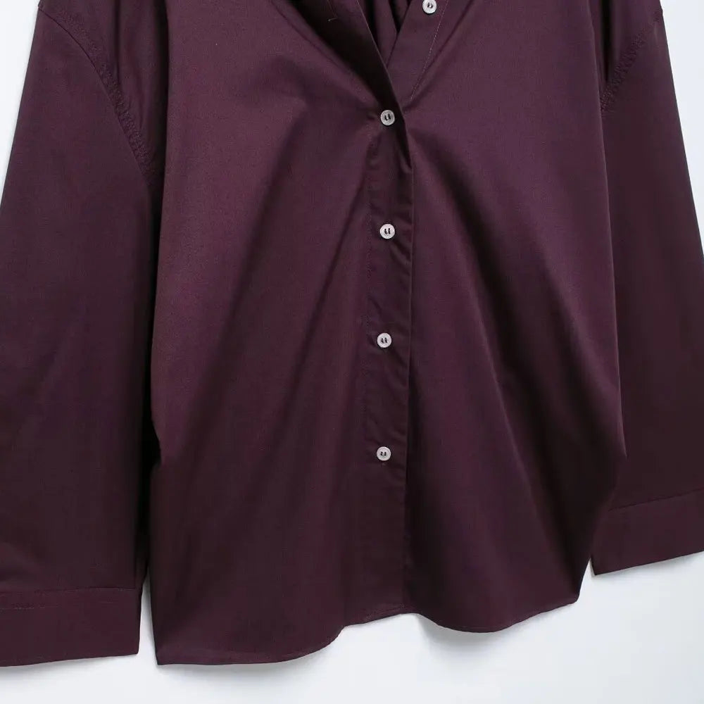 Oversized Pleated Back Long Sleeve Button-Up Shirt for Women Chic Fashion Blouse Top