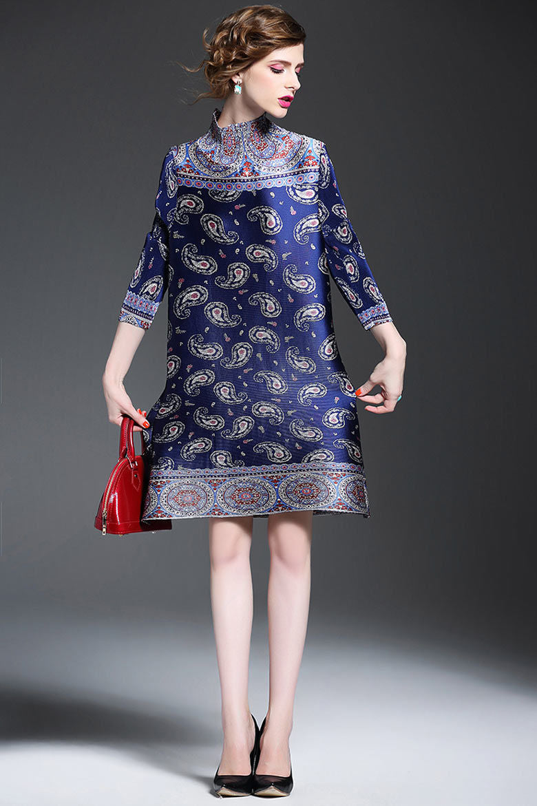 Retro Pleated High Neck Plus Size Dress For Women Casual